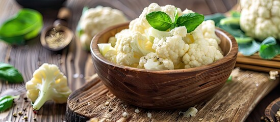 Poster - Selective focus on cauliflower florets in a wooden bowl with a table Ideal for copy space image