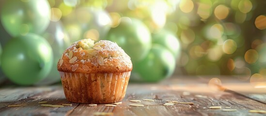 Poster - Almond muffin on a wooden surface with a background of blurred green balloons providing a rustic atmosphere for the copy space image