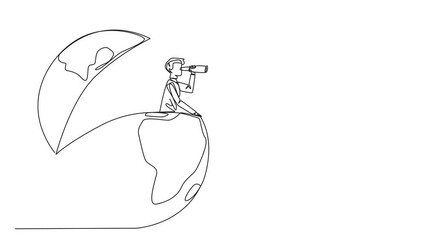 Poster - self drawing animation of single continuous line drawing businessman appears out of globe looking fo
