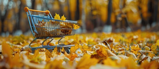 Aufkleber - A shopping cart surrounded by yellow fallen leaves with copy space image