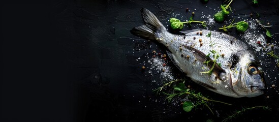 Poster - Top view of a fresh sea bream dorado fish with herbs on a black background allowing for copy space image