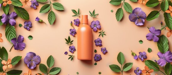 Poster - An orange paper cosmetic bottle surrounded by viola flowers and leaves provides a charming frame for your text in this versatile copy space image