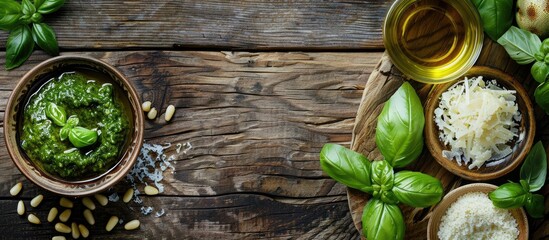 Italian basil pesto sauce displayed on a textured wooden surface featuring key ingredients like fresh basil pine nuts Parmesan cheese and olive oil with room for text overlay in a copy space image