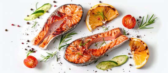 Sticker - Salmon steaks baked and healthy displayed on a white background with room for text or images can be paired with various veggies and citrus wedges for a nutritious meal option. Creative banner