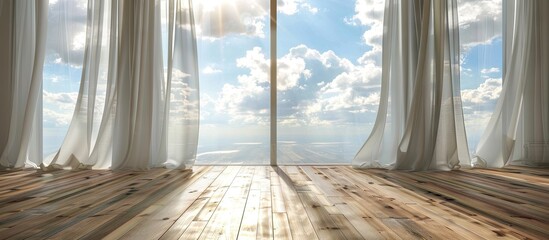 Poster - Room with wooden floor illuminated by daylight through a see through window with white curtains on a sunny and cloudy day perfect for copy space image