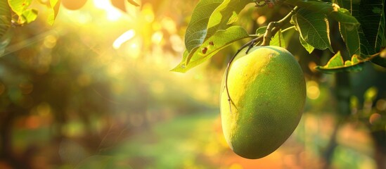 Poster - A vibrant youthful and ripe green mango fruit is suspended from a tree in an organic farm creating a picturesque scene with copy space image