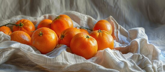 Poster - Tangerines displayed elegantly on a linen cloth with copy space image