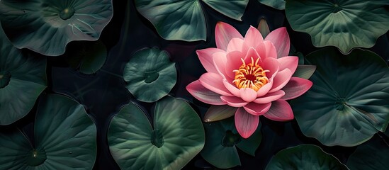 Leinwandbilder - Top view of a pink lotus flower in bloom with green leaves providing background in a copy space image