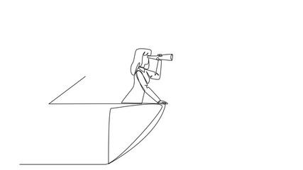 Poster - animation of continuous one line drawing businesswoman out of heart shape looking for something thro