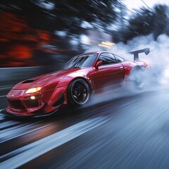 A red sports car drifts on a wet road, leaving a trail of smoke.