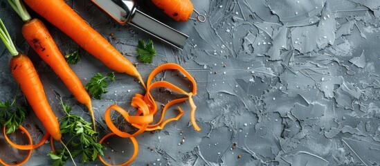 Poster - Close up shot on a gray textured table featuring fresh carrots a vegetable peeler and carrot peels with copy space image provided