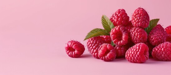 Aufkleber - A creative fruit arrangement featuring ripe raspberries on a soft pink backdrop with space for text or images. Creative banner. Copyspace image
