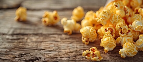 Sticker - Cheese and caramel popcorn on a rustic wooden surface a perfect treat for movie night or any entertainment setting with room for text or a design in the copy space image