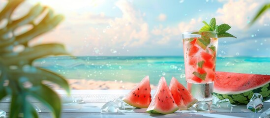 Poster - Watermelon slices and a cocktail with mint in a glass set on a white table with a blurred exotic beach and sky backdrop offering room for a copy space image