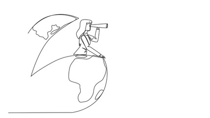 Poster - animation of continuous one line drawing businesswoman out of the globe looking for something throug