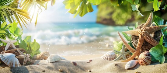 Aufkleber - A lovely arrangement of beach items on a lush backdrop with copy space image