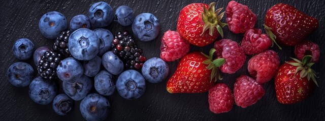 Wall Mural - Assortment of fresh berries on a dark rustic surface