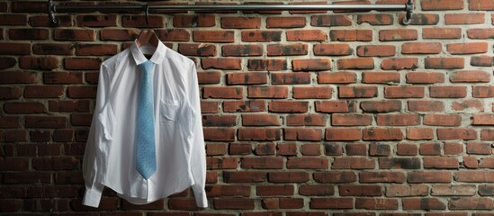 Wall Mural - Red brick wall with a white shirt and light blue necktie on a hanger allowing for text in the copy space image