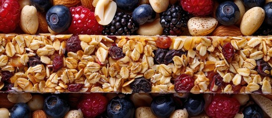 Sticker - A nutritious snack option for health conscious individuals an assortment of granola bars filled with nuts and berries displayed in a top view copy space image