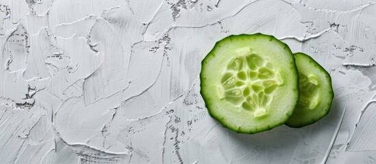 Poster - A cucumber slice Cucumis Sativus displayed horizontally on a white cement background with an isolated look offering ample copy space image