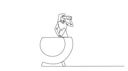 Poster - Animated self drawing of continuous one line drawing businesswoman out of target arrow board looking for something through binoculars. Controlling focus for business success. Full length animation