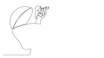 Poster - animation of a single one line drawing businesswoman comes out of a lightbulb looking for something 