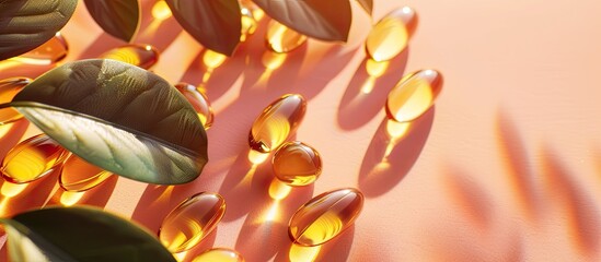 Aufkleber - Vitamin E capsules with antioxidants for dietary support showcased on a bright paper background with a soft focus Top view close up with ample copy space image