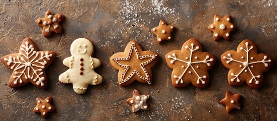 Poster - A row of festive gingerbread cookies arranged neatly on a traditional backdrop presented from above with a banner styled copy space image