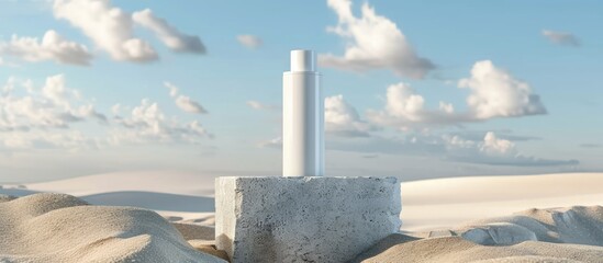 Aufkleber - Front view of unlabeled white cosmetic bottle on gray stone podium with sand texture and blue sky background perfect copy space image for cosmetic ad design