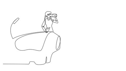 Poster - animated self drawing of single continuous line drawing businesswoman comes out of piggy bank looks 