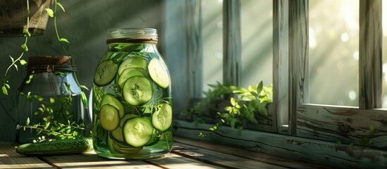 Poster - A jar of water with sliced cucumber placed on a wooden table under sunlight with preserved jars and ample copy space for food drink or product images