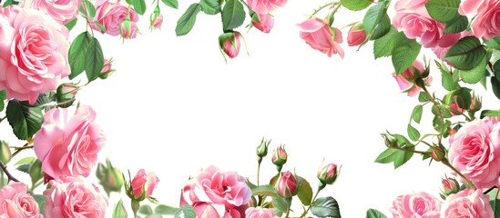 Poster - Floral border with pink rose flowers and leaves on a white background with copy space image
