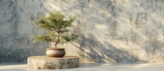Poster - Vintage style setup featuring a bonsai tree in a clay pot on a concrete podium with abstract wooden decor against a cement loft wall ideal for copy space image