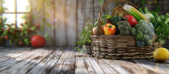 Poster - Wooden background with a variety of fresh vegetables displayed in a basket creating a rustic copy space image