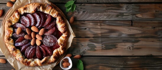 Canvas Print - Wooden background with baking paper a tasty plum galette and a dish of almonds offering a visually appealing composition with copy space image