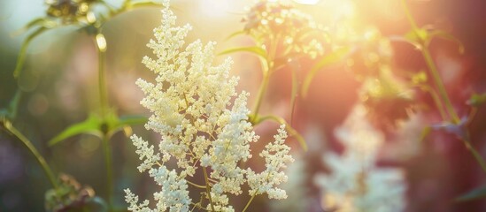 Fototapete - Filipendula ulmaria flower plant in white bloom in meadow or field ideal for a close up botanical copy space image of summer natural beauty and floral background also used in herbal medicine