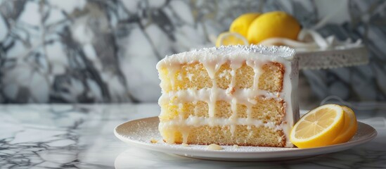 Poster - A lemon cake with sugary icing is elegantly presented on a white plate against a textured stone backdrop offering ample copy space for additional elements