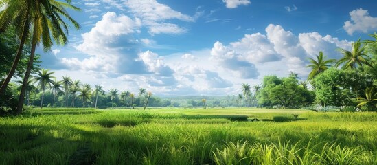 Poster - Scenic view of a lush paddy field with coconut trees in the background set against a vibrant sky with white clouds ideal for a copy space image