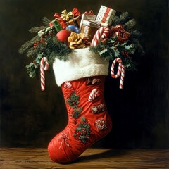 Poster - A red stocking overflowing with Christmas gifts, candy canes, and ornaments.