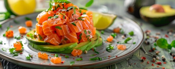 Wall Mural - Salmon tartare with avocado and lime, 4K hyperrealistic photo