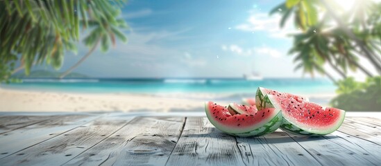 Poster - A wooden table displays watermelon slices with a blurred beach and palm tree background providing ample copy space for product and food ads