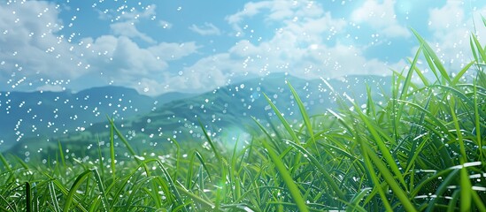 Sticker - Mountain landscape with green grass background sparkling water droplets and a blue sky creating a serene copy space image