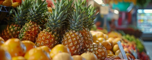 Tropical pineapples on display at market, 4K hyperrealistic photo