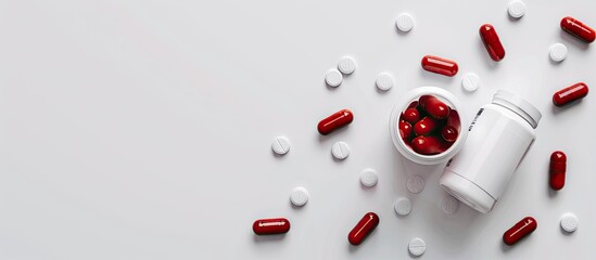Aufkleber - White background featuring antibiotic pills and bottle from top view Includes copy space image