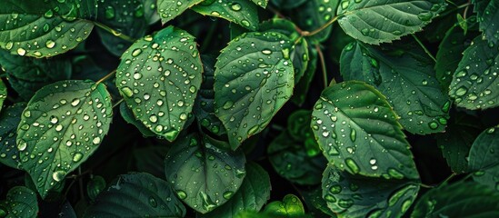 Poster - Abundant nature depicted in a vibrant photo of rain soaked green leaves with water droplets glistening for copy space image