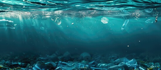 Poster - Plastic waste pollutant submerged underwater against a backdrop of the blue sea creating an environmental pollution concept with a copy space image