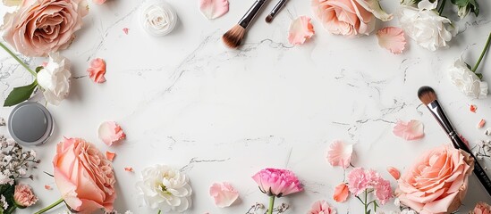 Aufkleber - A frame composed of flowers brushes and cosmetics on a white backdrop with copy space image