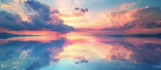 Poster - Scenic view of a calm lake mirroring vibrant clouds offering a tranquil setting with ample copy space image