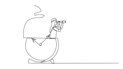 Poster - animated self drawing of single one line drawing arabian businessman appears out of the alarm clock 