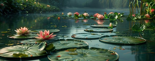 Poster - Peaceful lake with lily pads and blooming flowers, 4K hyperrealistic photo